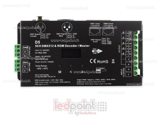 Immagine di Decoder DMX 512 & RDM, 5 canali da 6A l'uno, tensione 12-24V DC, porta XLR3 e RJ45