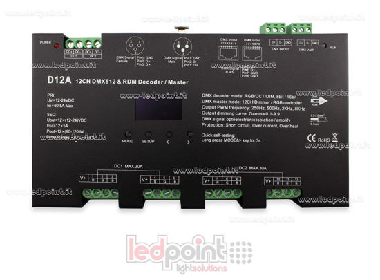 Immagine di Decoder DMX 512 con display oled, 12 canali da 5A l'uno, tensione 12-24V DC