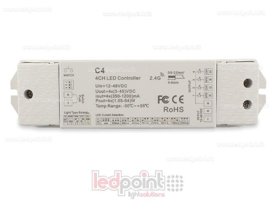 Immagine di Ricevitore controller monocromatico, CCT, RGB e RGBW con pulsante 12/48V, 4ch*350-1200mA corrente costante, RF 2.4G