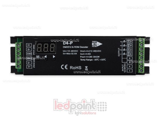 Picture of DMX 512 & RDM decoder, 4-channels 8A each, voltage 12-48V DC