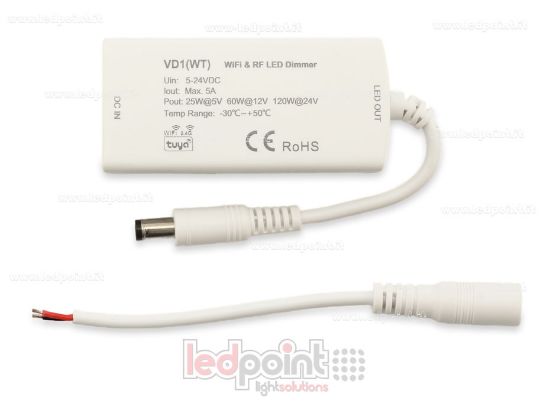 Immagine di Ricevitore dimmer monocromatico con 3 bottoni 5/24V, 1ch*5A, Wi-Fi e RF 2.4G