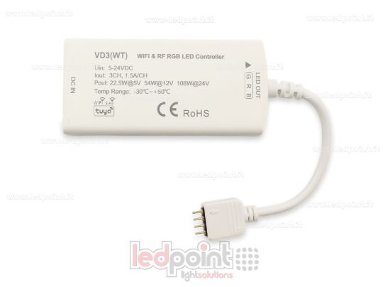 Immagine di Ricevitore dimmer RGB con 3 bottoni 5/24V, 1ch*5A, Tuya App e RF 2.4G