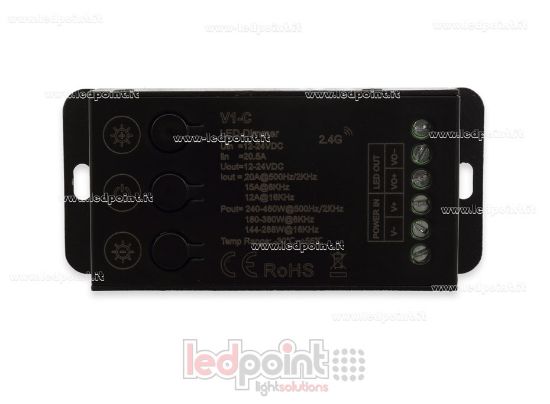 Immagine di Ricevitore controller monocromatico 12-24V, 1ch*20A con 3 bottoni e PWM selezionabile, RF 2.4G