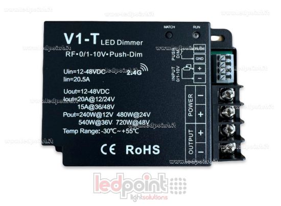 Immagine di Ricevitore dimmer monocromatico, push dim, 0/1-10V, 12/24V, 1ch*20A, RF 2.4G