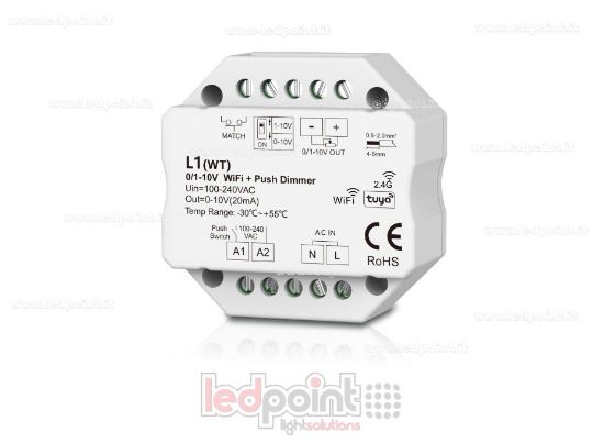Immagine di Ricevitore dimmer monocromatico 1 canale 0/1-10V WIFI, push dim AC, RF 2.4G, per scatola di derivazione a muro