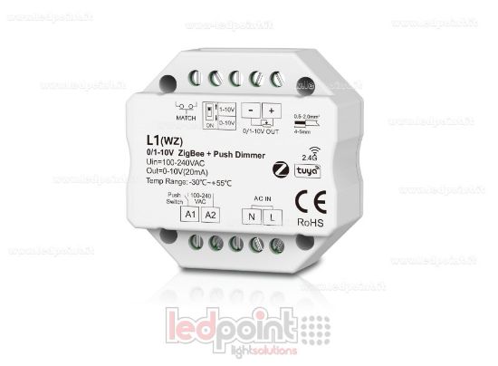 Immagine di Ricevitore dimmer monocromatico 1 canale 0/1-10V Zigbee, push dim AC, RF 2.4G, per scatola di derivazione a muro